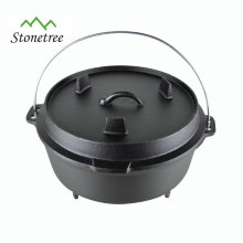 Camping Kitchen Used Cast Iron Dutch Oven with three legs on lid